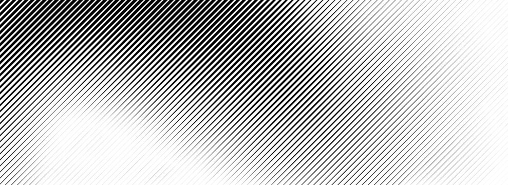Fading line halftone gradient texture. Black diagonal stripe gradation background. Thin to thick vanishing slanted pattern backdrop. Oblique parallel stroke wallpaper for overlay, print, cover. Vector