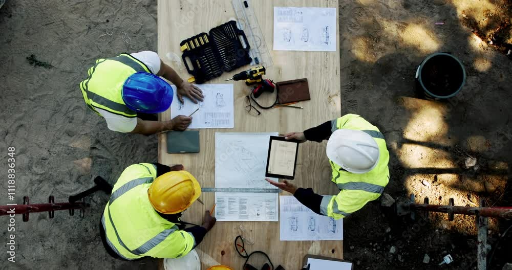 Leinwandbilder top view, architect and team planning on tablet with blueprint for construction project or developme