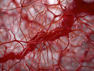 Close up of red blood vessels. The red color of the blood vessels is emphasized, and the veins are shown in detail. Concept of life and vitality