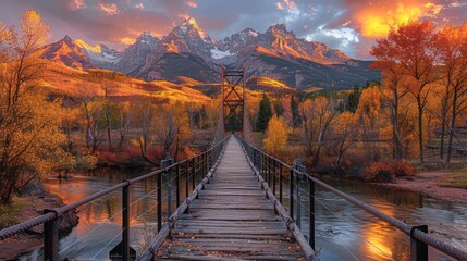Scenic autumn sunrise over mountain range with suspension bridge.