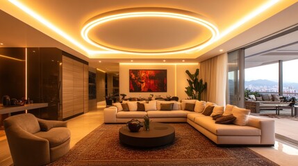 Fototapeta premium Modern Living Room with a City View and a Circular Ceiling Light