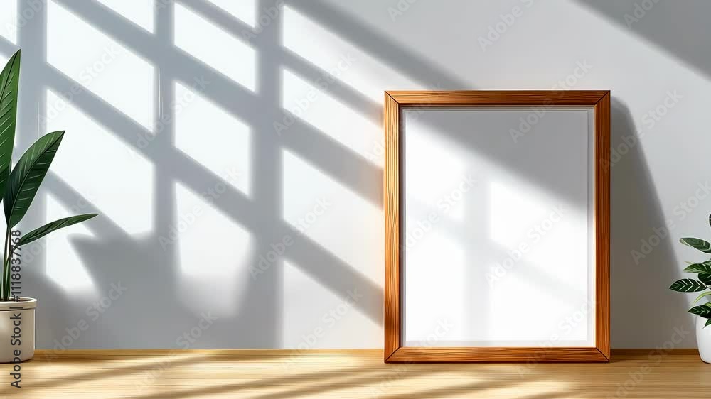 Wall mural a simple empty frame on a bright wall catches soft light, creating playful shadows in this modern ca