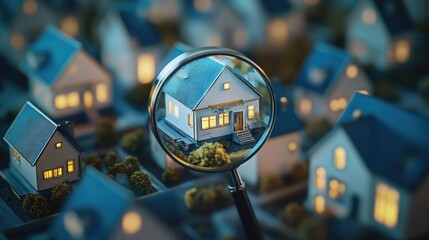 A microstock image of a magnifying glass viewing houses, suggesting real estate or home search theme.