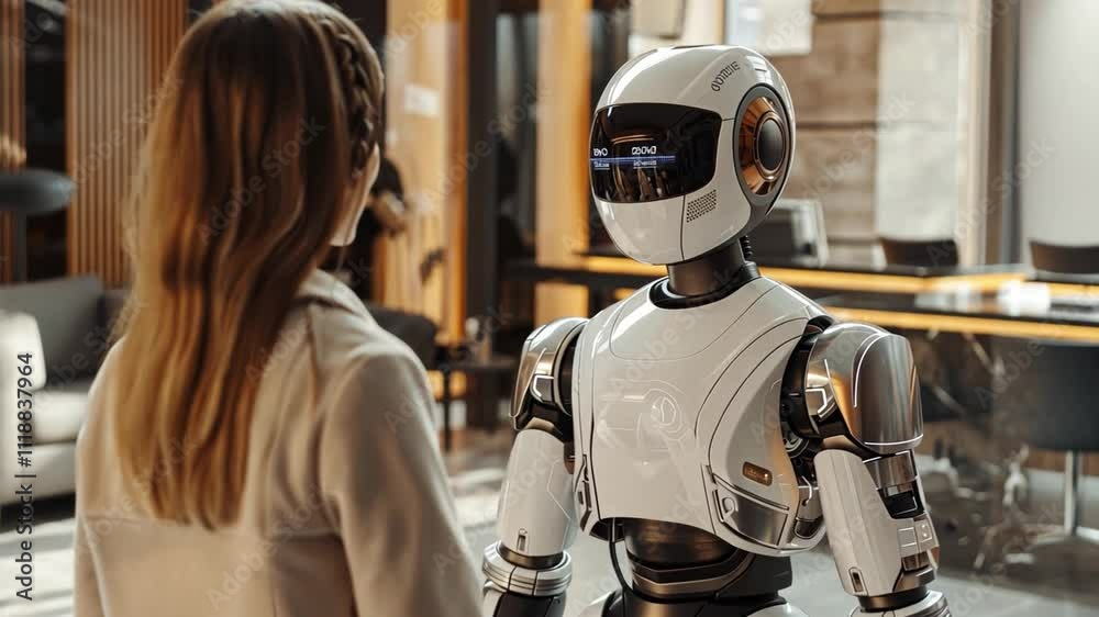 Poster a woman engages with an ai robot in a sleek real estate office, emphasizing advanced technology and 