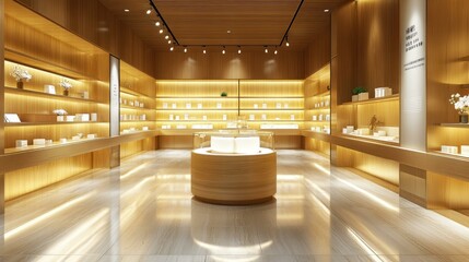 Luxury jewelry store interior with illuminated glass display cases, elegant wooden shelves showcasing necklaces and rings, perfect for fashion retail, shopping mall, upscale boutique, warm lighting a