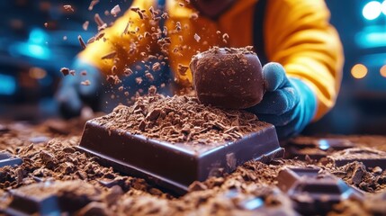 Child wearing yellow jacket and blue gloves grating chocolate over bar, close-up cooking concept for baking, dessert preparation in kitchen with warm cozy atmosphere and blurred background