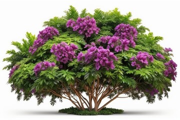 Tropical plant purple flower fence bush green shrub tree isolated on white background with clipping path.