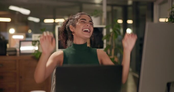 Celebration, night and woman with computer, bonus and creative for journalism, success and deadline. Cheering, achievement and win for reporter, excited and reward for article, surprise and office