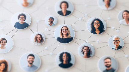Digital representation of a social network with interconnected portraits of diverse individuals. Networking, communication, and technology concept. Design for banners, posters, and corporate materials