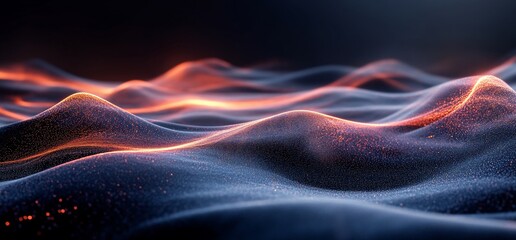 Abstract glowing landscape with dark blue and orange hues, wavy texture.
