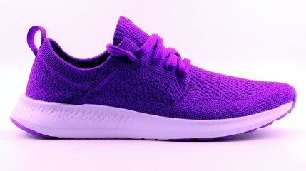 Purple running shoe with white sole, lightweight sneaker on plain background, sportswear product photography, fitness gear, casual footwear, modern design, comfortable athletic shoe, isolated studio