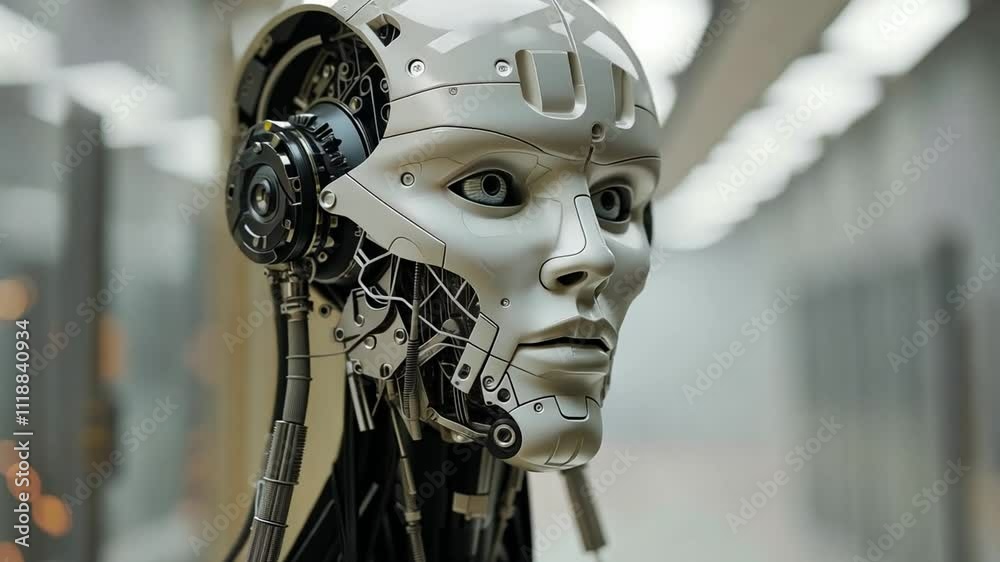 Poster A humanoid robot featuring advanced technology and intricate mechanical designs stands prominently in a futuristic setting.