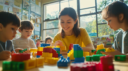 Teacher guiding children during a creative building activity with colorful blocks in a sunlit classroom. Early education, teamwork, and learning through play concept. Design for educational