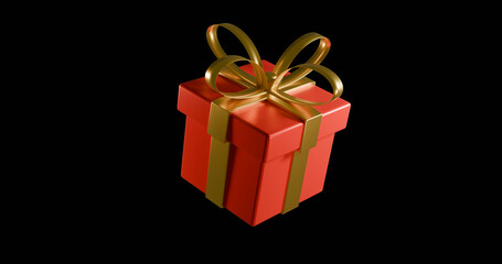 red gift box with golden ribbon isolated on a black background, gift and best wishes background