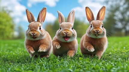 Obraz premium Three fluffy brown rabbits hopping together on green grass field outdoors sunny day perfect for Easter celebration, spring nature background with blue sky and blurred trees joyful mood