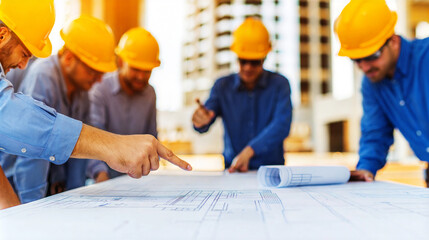 Construction project team collaboration on blueprints in professional environment