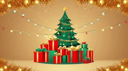 Obraz premium Christmas tree with festive lights and colorful gift boxes, holiday decoration, cozy seasonal celebration theme