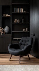 Modern Dark Interior Design Featuring Comfortable Armchair