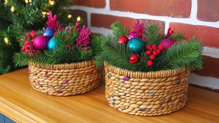 Two rustic woven baskets with pine branches, colorful Christmas ornaments, and red berries on wooden table near brick wall, perfect for holiday decoration, festive winter celebration, cozy home inter