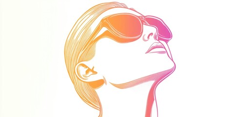 Stylish illustration of a person wearing sunshades and sunglasses, looking upwards with a contemporary art design. The color palette is bright and modern.