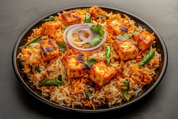 Fototapeta premium A delectable Indian-style meal featuring chicken tikka masala served with spiced rice, garnished with fresh herbs and a sprinkle of onion and lemon.