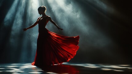 Silhouette of a Dancer in a Red Dress Under a Spotlight