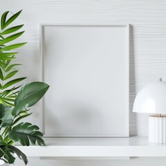 A white frame mockup on a shelf with a lamp and a potted plant