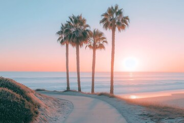 Four palm trees stand tall on a beach at sunset with a paved path