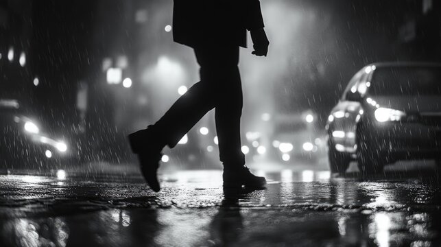 Walking down the rain-soaked street at night, urban life continues unabated.