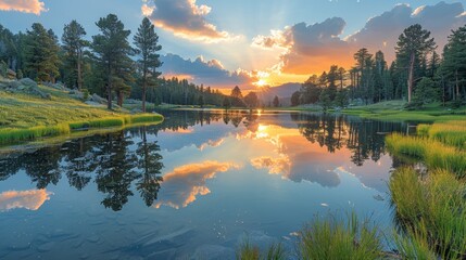 Fototapeta premium Serene sunset reflected in a calm lake, surrounded by lush greenery and towering pine trees.