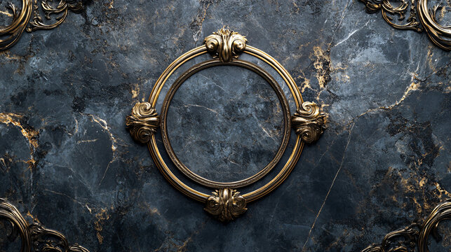 Dark blue marble texture elegant golden metallic frame luxurious decorative background design invitations posters event decor round circle interior wallpaper backdrop sleek art magical center mirror