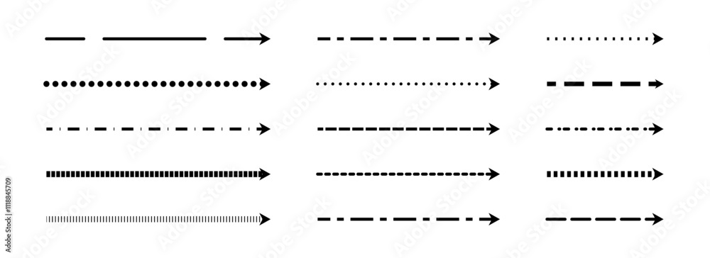 Poster Straight thin dashed arrows collection. Black long dotted arrow set. Linear stripe elements bundle for flyer, poster, brochure, booklet, banner. Doodle sketched pointers or direction lines. Vector