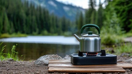 Obraz premium An aluminum kettle with a green handle sits on a black portable gas stove outdoors surrounded by trees, ready for cooking