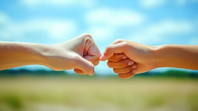 Two diverse hands doing fist bump, symbolizing friendship and unity, outdoors with bright blue sky and green field background, perfect for teamwork, cooperation, and support concepts