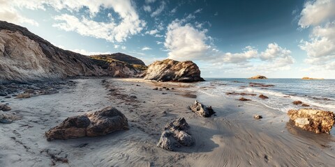 Obraz premium A rugged, rocky shore at low tide, with the ocean stretching out beyond.