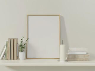 A minimalist home decor setup with a blank poster frame. books. a plant. and a candle on a shelf