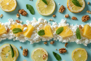 Fresh lemon and pineapple slices arranged on a light blue background with mint leaves, walnuts, and creamy cottage cheese. Summer dessert concept.