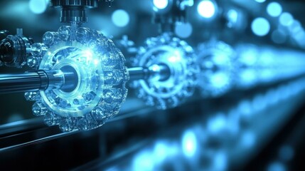 Futuristic glowing blue gears rotating in machinery close-up, technology innovation concept, industrial background for engineering, automation, manufacturing, or science projects with bokeh lights