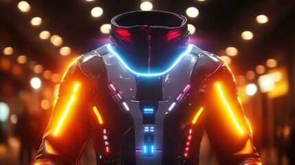 Futuristic glowing cybernetic humanoid robot standing in neon cityscape at night for technology concept, digital art, innovation, sci-fi background with vibrant lights and colorful reflections