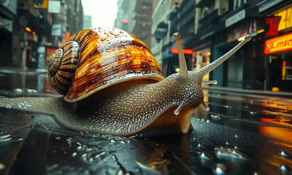 A large snail glides through a rain-soaked urban street, showcasing its detailed shell and texture.