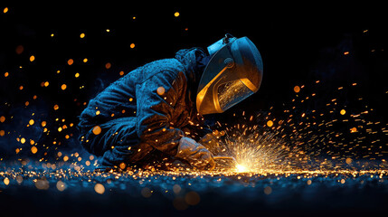 Steel glows as a welder expertly joins metal pieces, surrounded by a mesmerizing display of vibrant sparks against the night sky