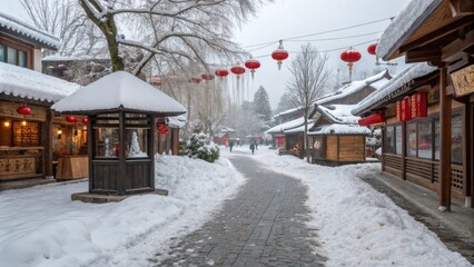 Fototapeta premium An idyllic village square is transformed into a winter wonderland with a thick layer of snow on the cobblestone path. Fluffy snowdrifts surround small stalls where red lanterns