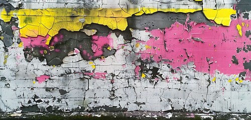 Decayed wall with peeling paint, cracks, and neon pink and yellow highlights, offering a bold contrast in an urban setting.