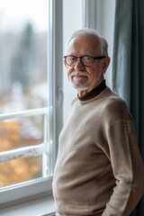 Fototapeta premium An older man wearing glasses and a brown sweater stands in front of a window. He is smiling and looking out the window
