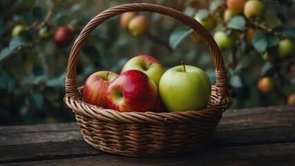 Apples of different colors in a basket
