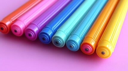 Colorful marker pens arranged in a row on pink background, vibrant art supplies for creativity, drawing, school, office, or crafts, bright pastel shades, close-up, horizontal composition, cheerful mo