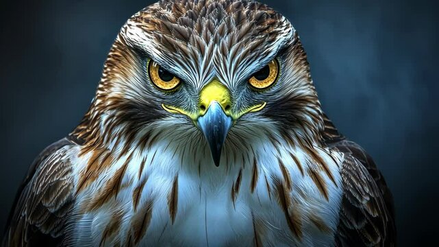 Close-up of a powerful hawk showing sharp features and intense gaze against a dark background
