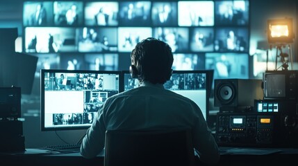 Obraz premium Man monitoring multiple screens in a control room.