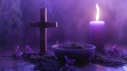 Ash wednesday banner with cross, candle, and ashes in purple theme