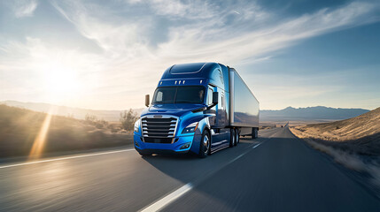 Obraz premium Blue semi-truck with trailer driving on a highway in a desert landscape under a bright sky. Freight transportation and logistics concept. Design for banners, posters, and industry presentations